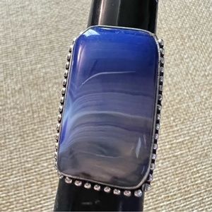 New Blue Striped Agate Stone Silver Overlay Ring w Decorative Band Size 6.25